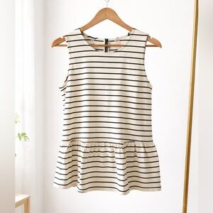 J. Crew Black and White Striped Peplum Tank Top
